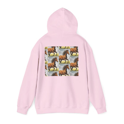 Light pink horse pattern hoodie with hood and large back horse collage graphic, full sleeves