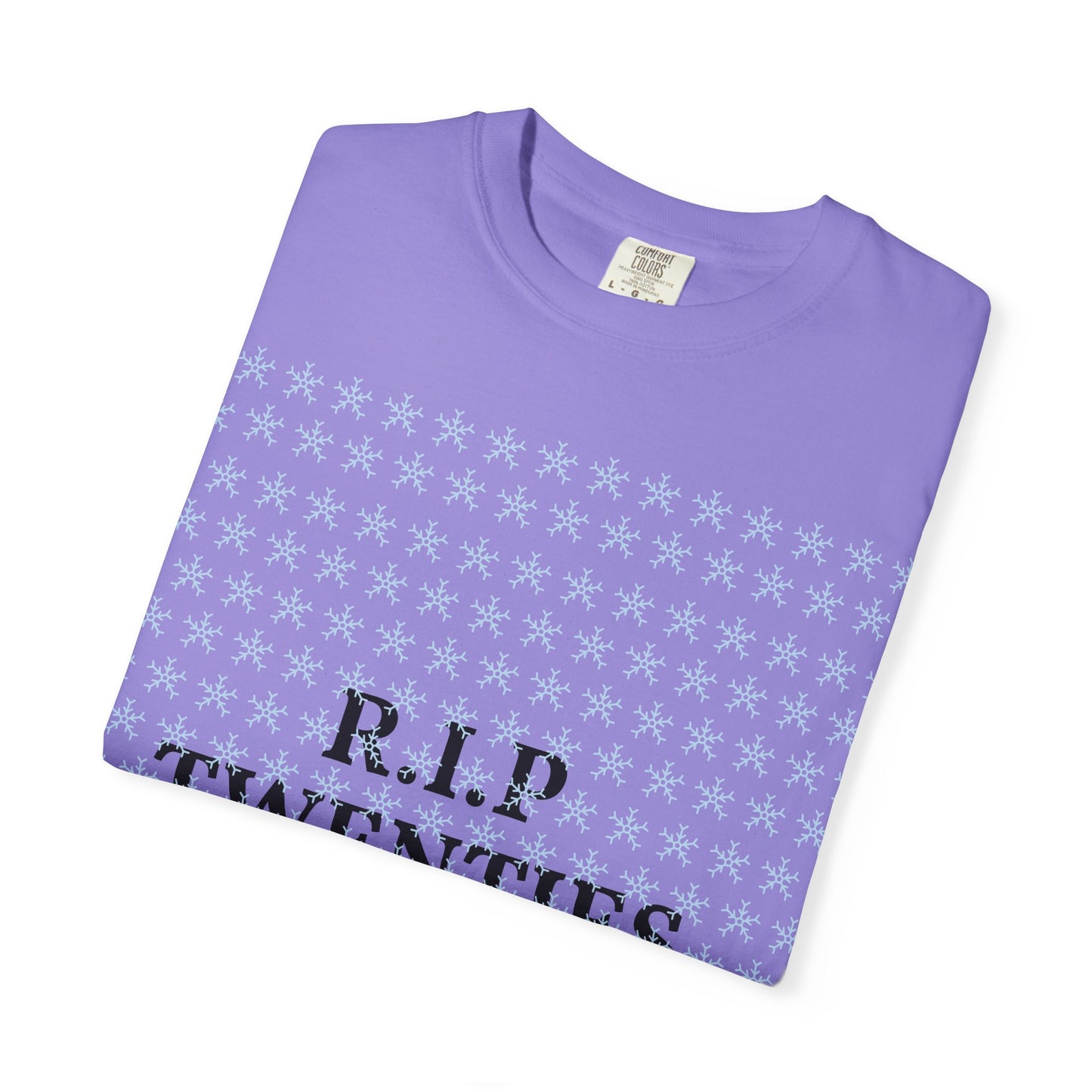 Unisex garment-dyed T-shirt in violet purple with snowflake print and R.I.P Twenties text