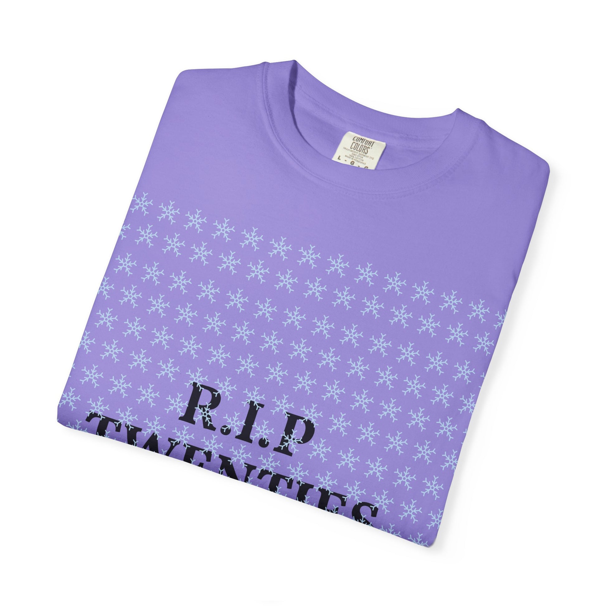 Unisex garment-dyed T-shirt in violet purple with snowflake print and R.I.P Twenties text