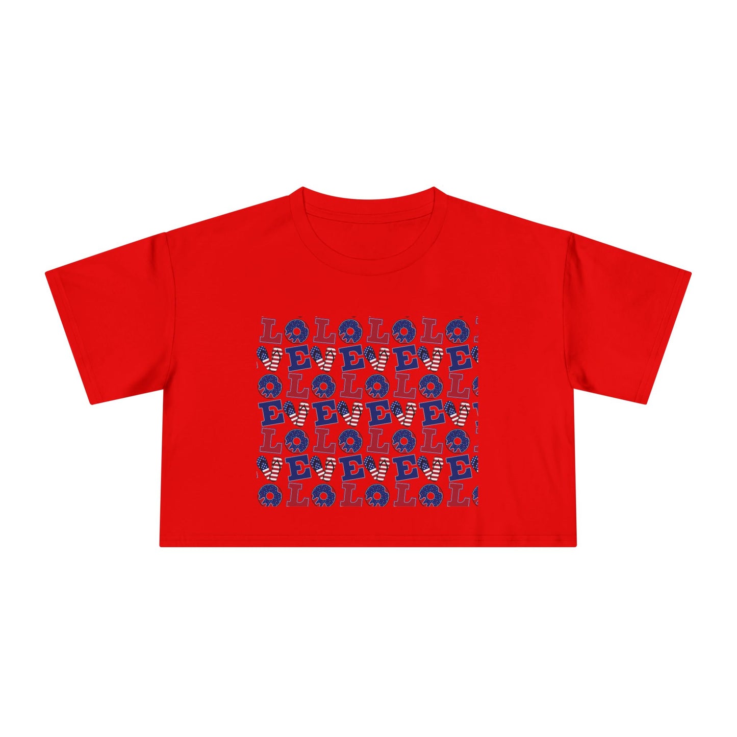 Red graphic crop tee with multicolor “LOL” block print