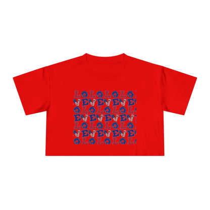 Red graphic crop tee with multicolor “LOL” block print