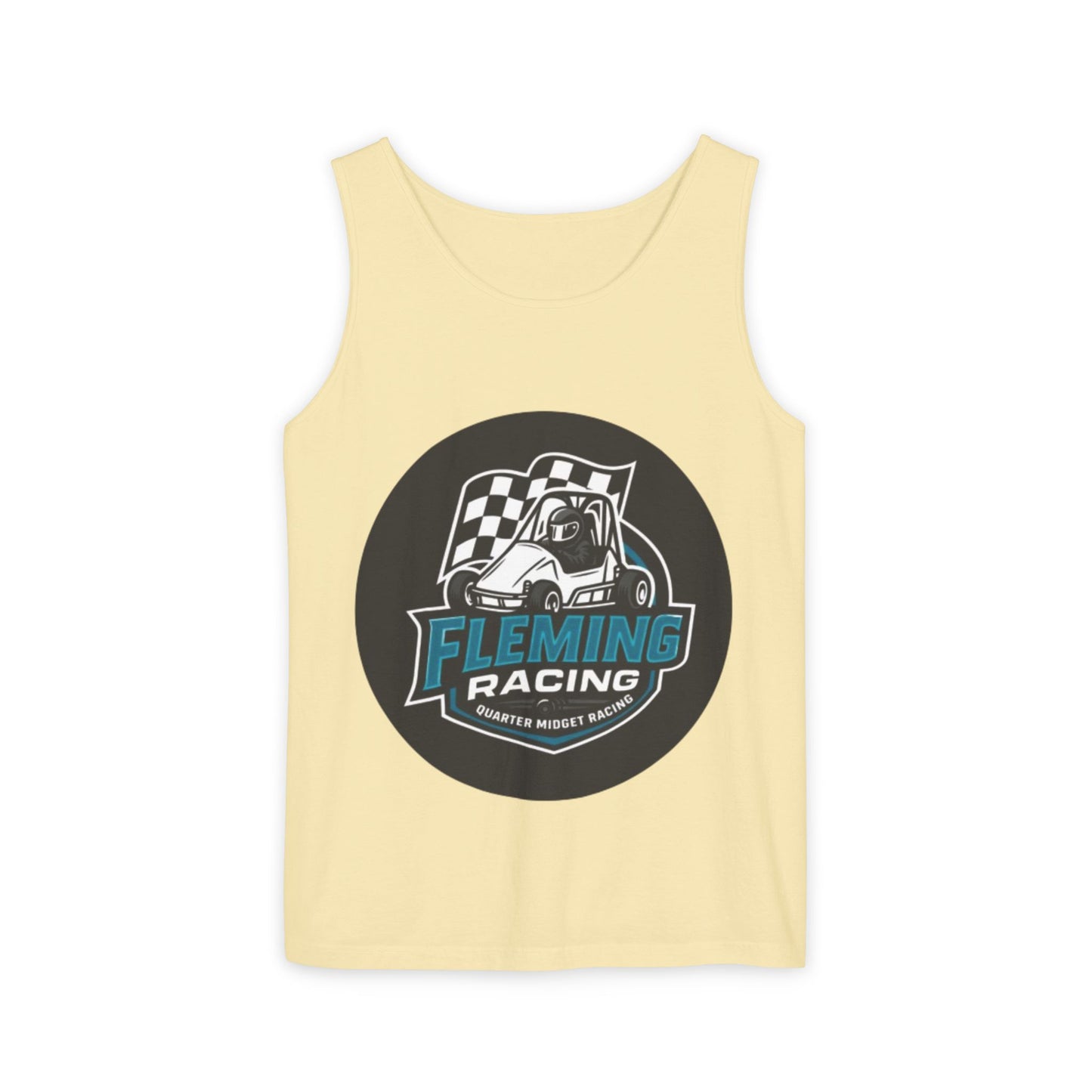 Light yellow racing tank top with round Fleming Racing graphic and checkered car logo