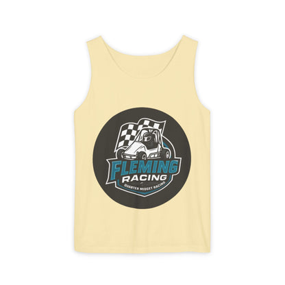 Light yellow racing tank top with round Fleming Racing graphic and checkered car logo