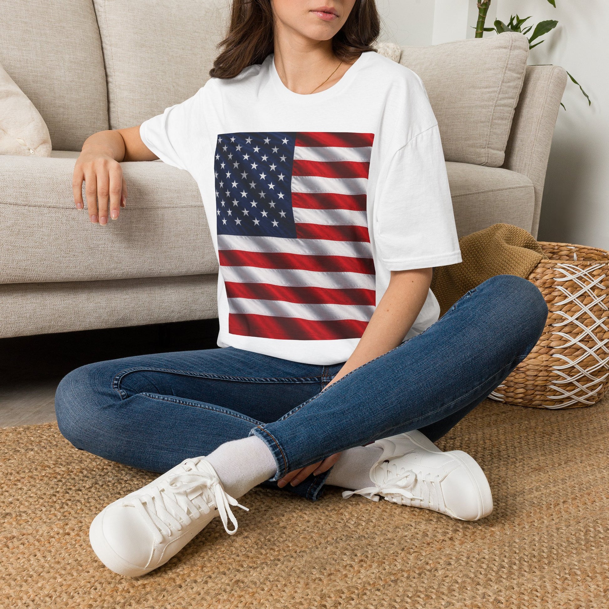White T-shirt with American flag graphic on the front, crew neck short sleeves