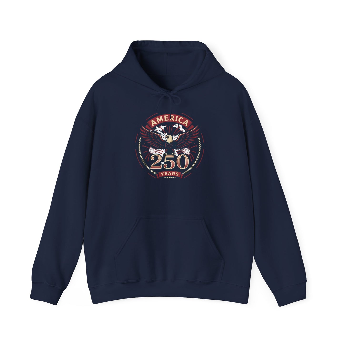 Navy pullover hoodie with eagle and “250 Years” graphic on chest