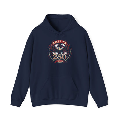 Navy pullover hoodie with eagle and “250 Years” graphic on chest