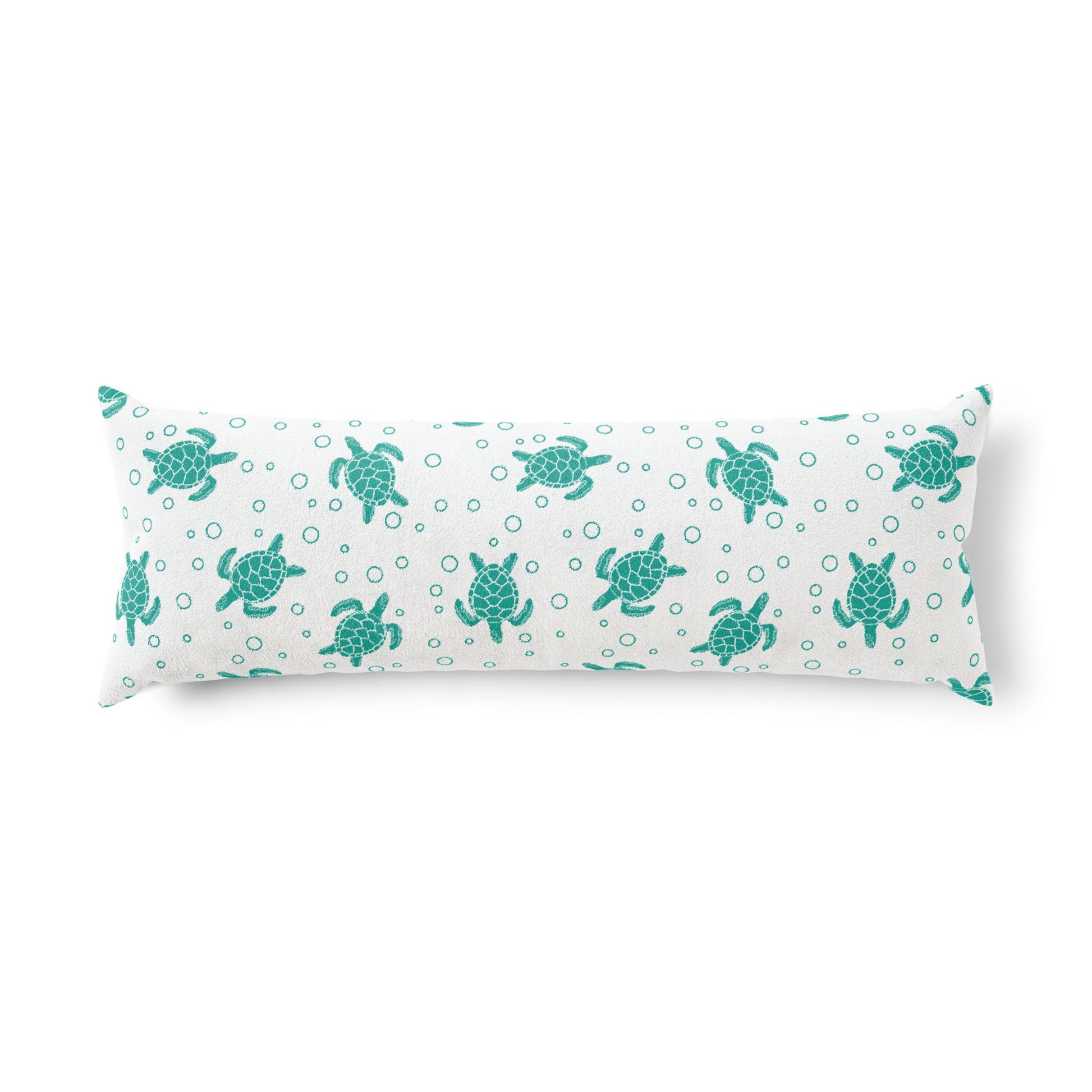 Teal sea turtle and bubble motif body pillow, rectangular shape on light base fabric