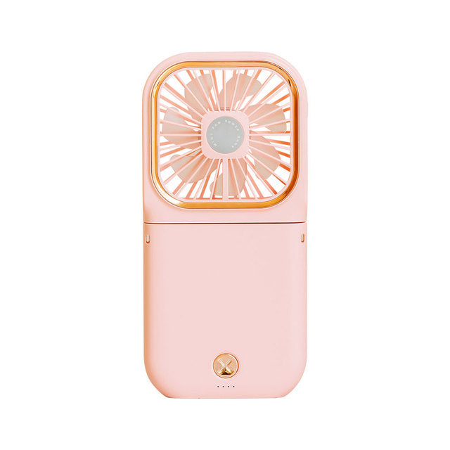 Mini cooling foldable fan in pink with square grille and orange-trim detail