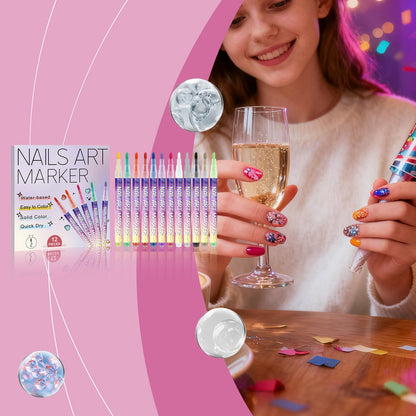 Nail art marker set with colorful pens and glittery manicure on fingernails