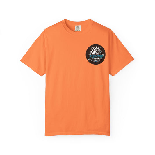 Orange Fleming Racing logo T-shirt with black circular checkered-flag badge
