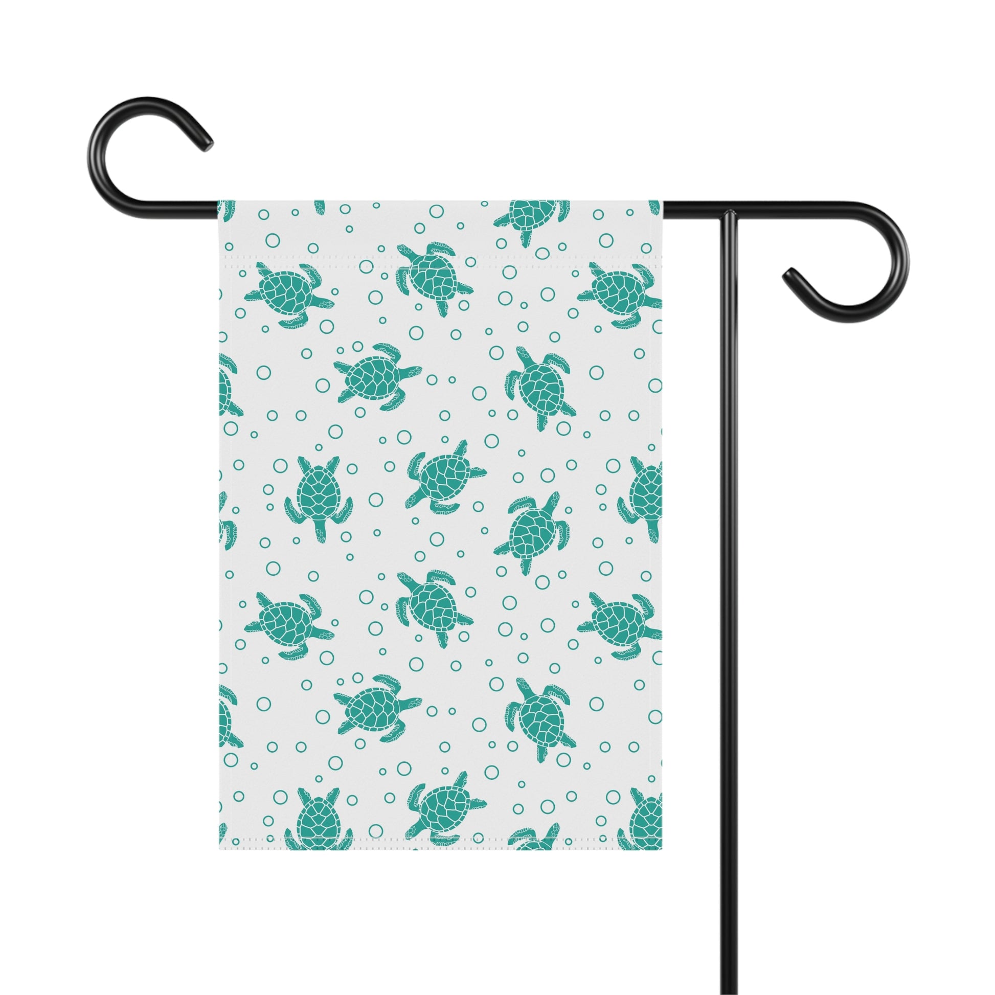 Sea turtle pattern garden flag on black double hook stand, teal turtles on white