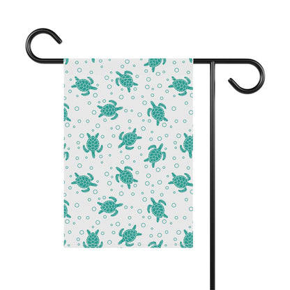 Sea turtle pattern garden flag on black double hook stand, teal turtles on white