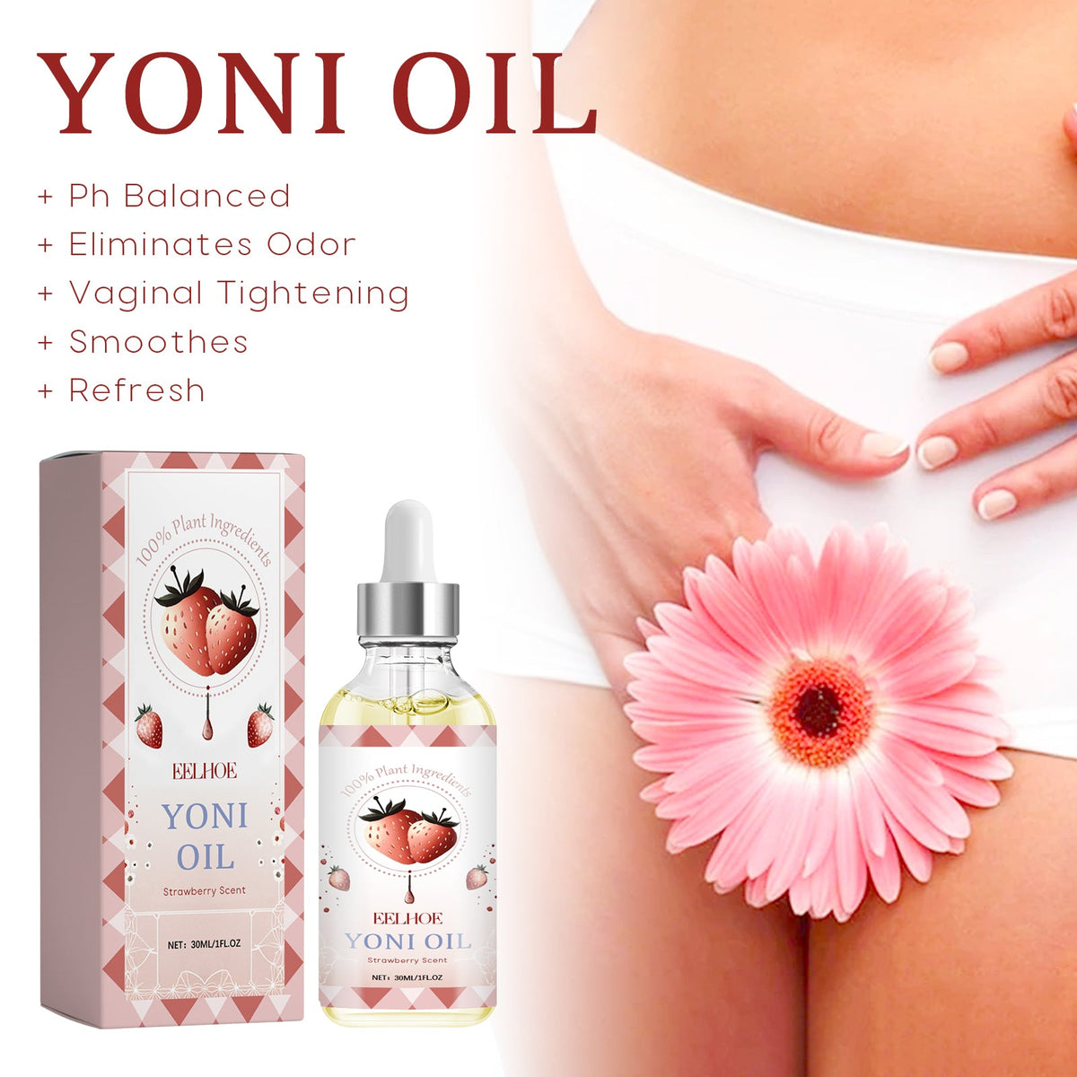 Intimate essential oil bottle with dropper and box beside shorts with a pink flower