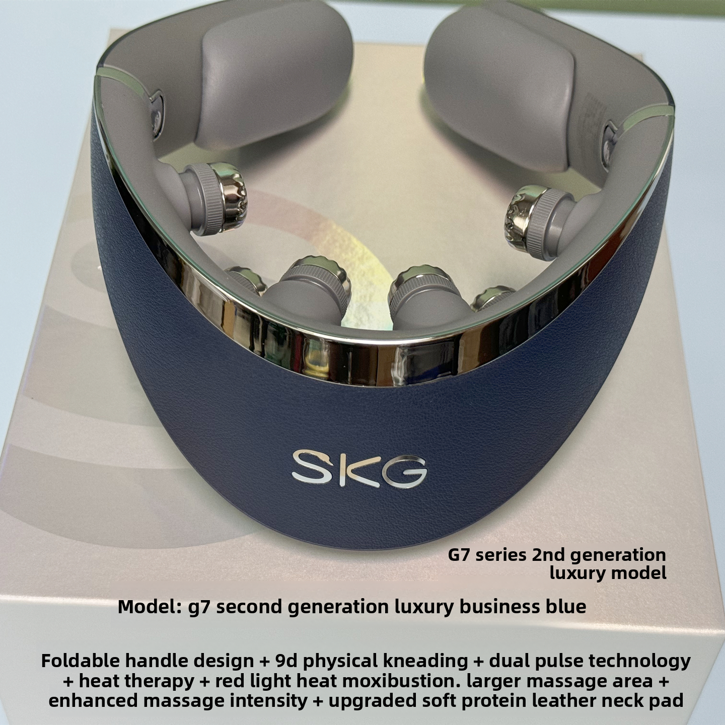 Blue SKG neck TENS unit with heat therapy, foldable handle, and gel pads
