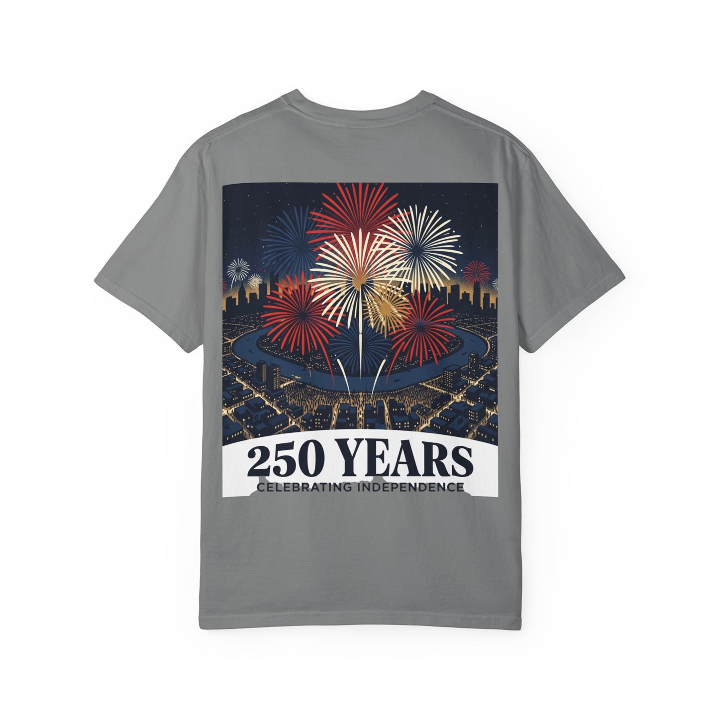 Heather gray T-shirt with fireworks graphic and “250 Years Celebrating Independence” text