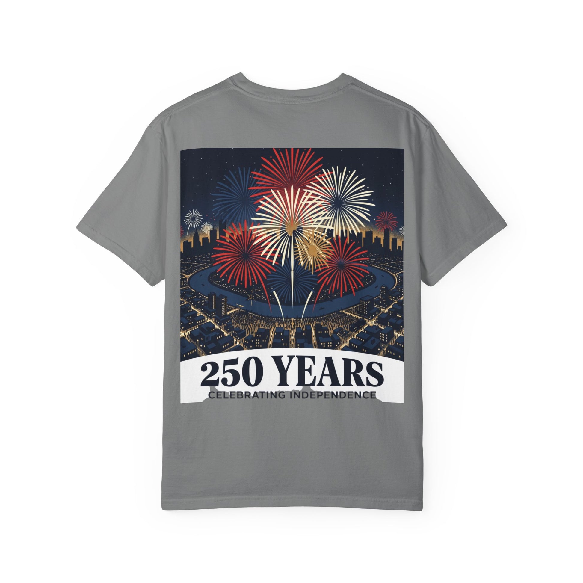 Heather gray T-shirt with fireworks graphic and “250 Years Celebrating Independence” text