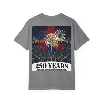 Heather gray T-shirt with fireworks graphic and “250 Years Celebrating Independence” text
