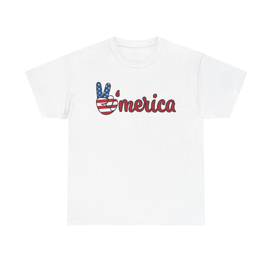 White crewneck graphic T-shirt with red, blue and white "merica" logo