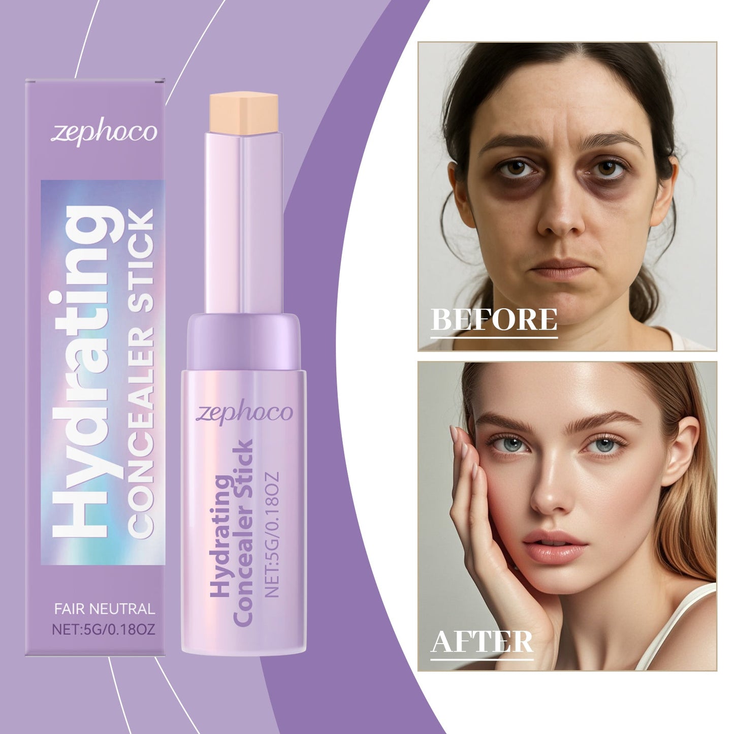 Hydrating concealer stick, ivory white shade; before and after face views
