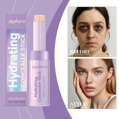 Hydrating concealer stick, ivory white shade; before and after face views