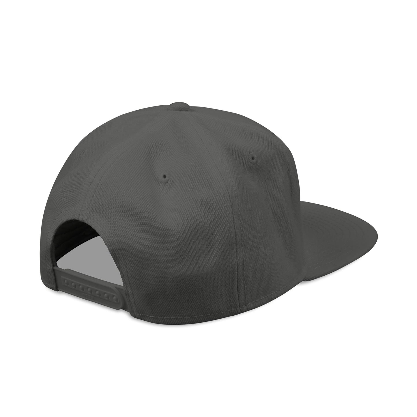 Embroidered baseball cap, dark gray crown with black brim and curved back opening