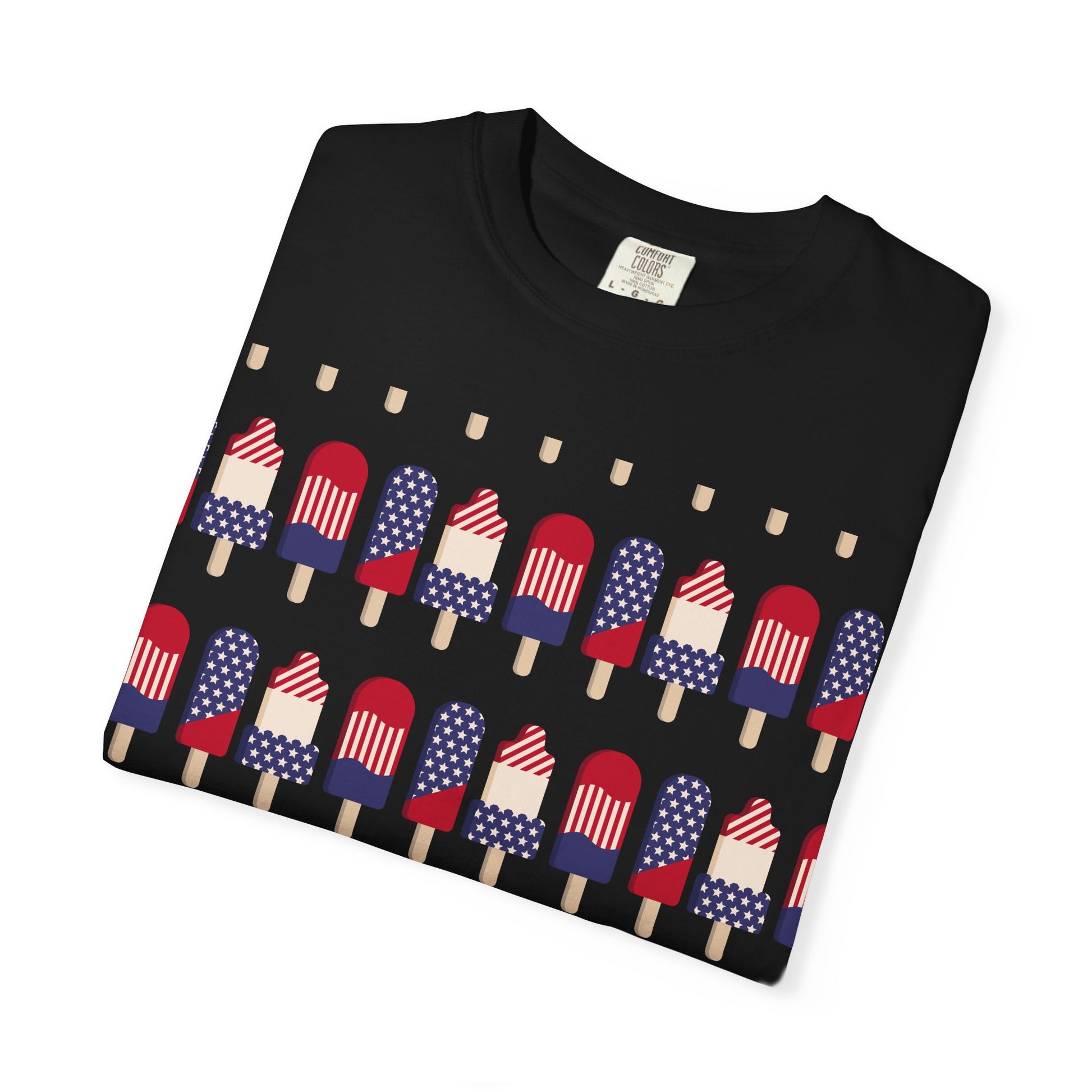 Black T-shirt with American flag popsicle graphic arranged in rows