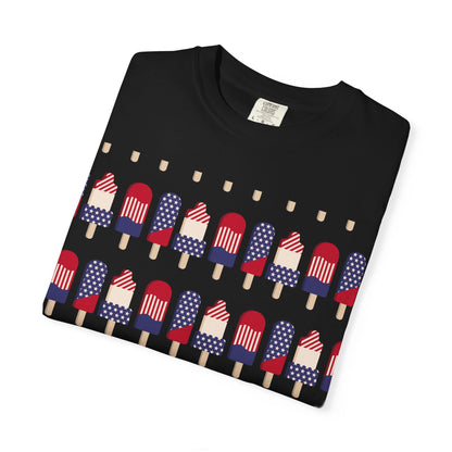 Black T-shirt with American flag popsicle graphic arranged in rows
