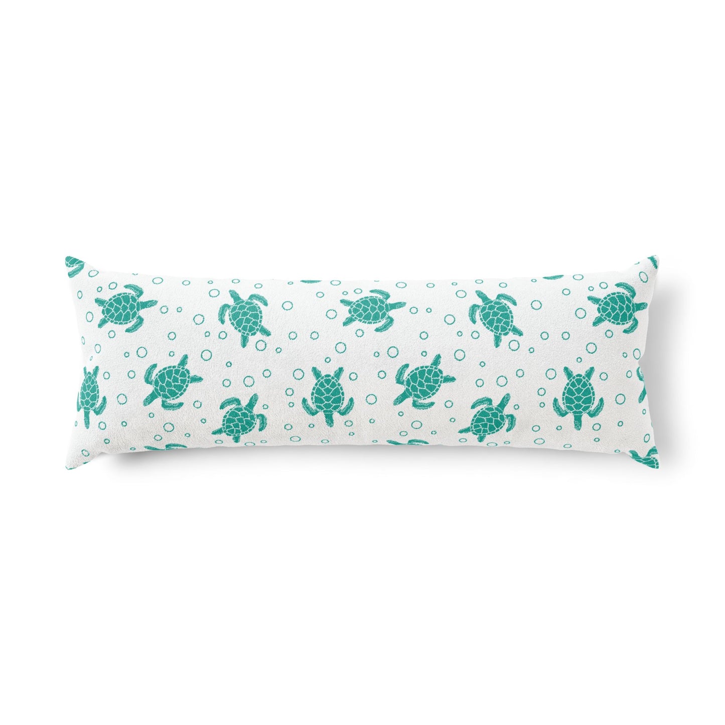 Rectangular body pillow featuring teal sea turtles and small bubble dots on light background