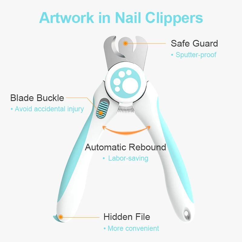Pet nail clipper with paw-print guard, blade buckle, and hidden file