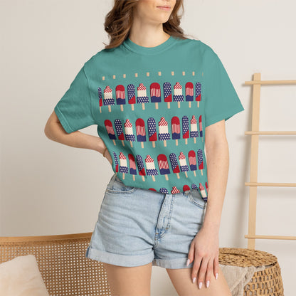 Teal crew-neck T-shirt with American flag popsicles pattern across the front.