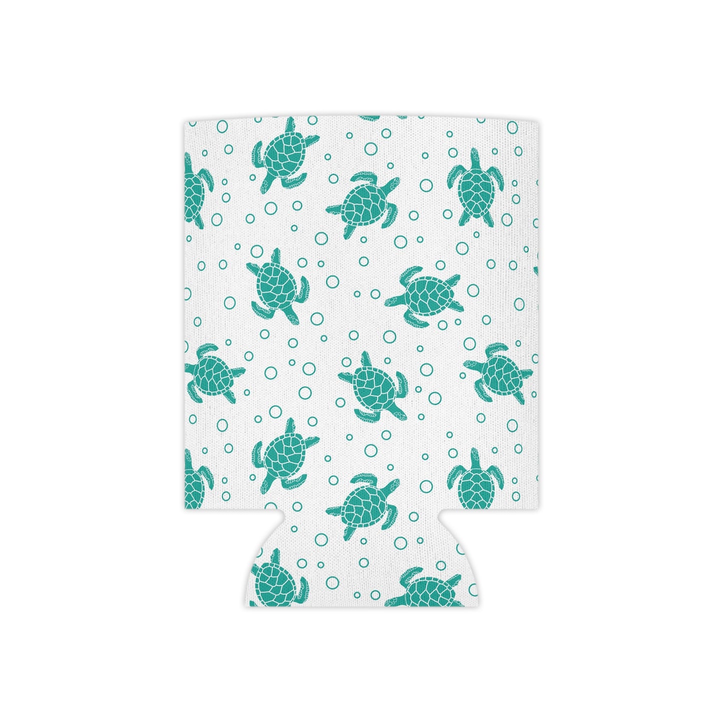Turquoise sea turtle can cooler sleeve, turtle and dot pattern with folded bottom edge