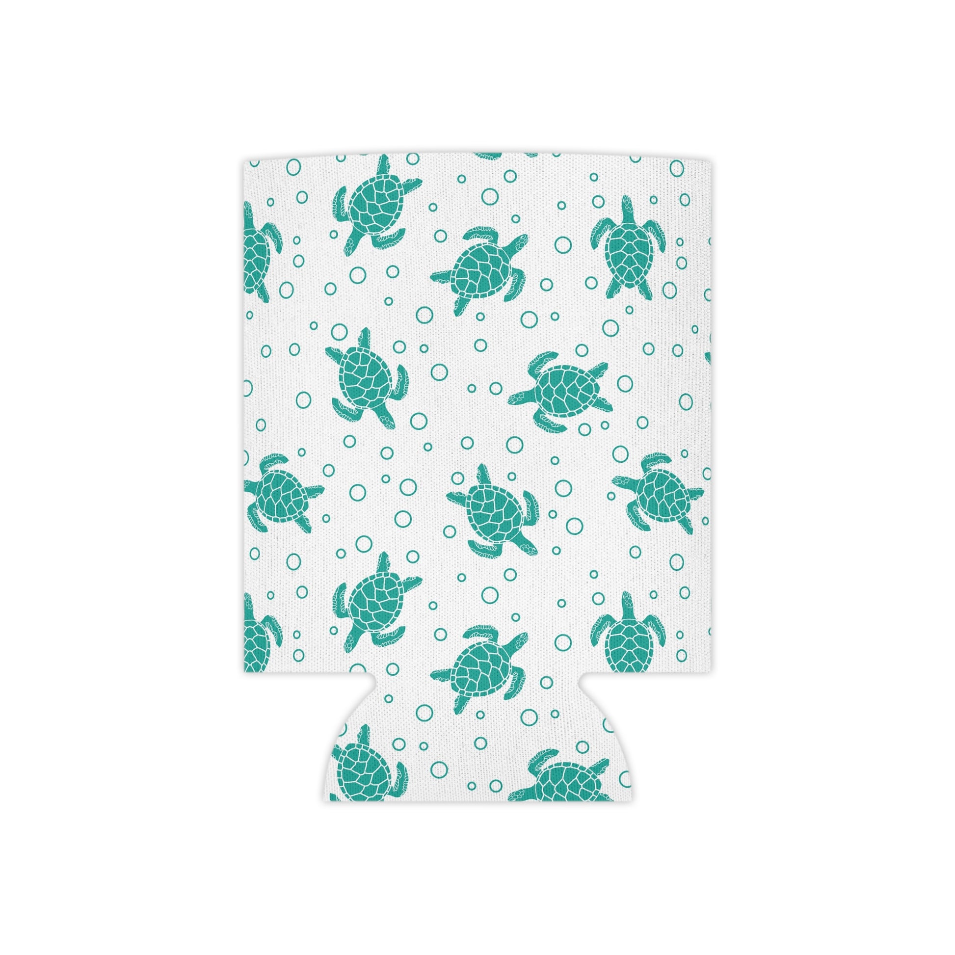 Turquoise sea turtle can cooler sleeve, turtle and dot pattern with folded bottom edge