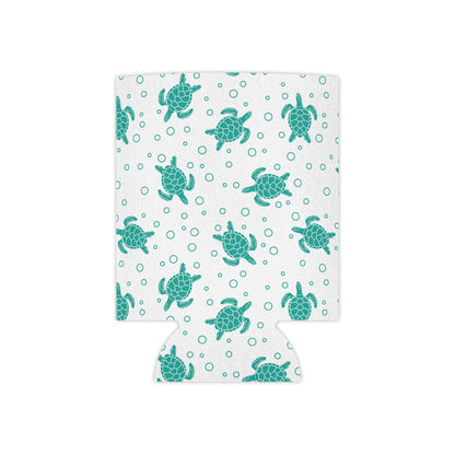 Turquoise sea turtle can cooler sleeve, turtle and dot pattern with folded bottom edge