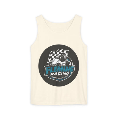 Ivory racing tank top with round Fleming Racing graphic and checkered car logo