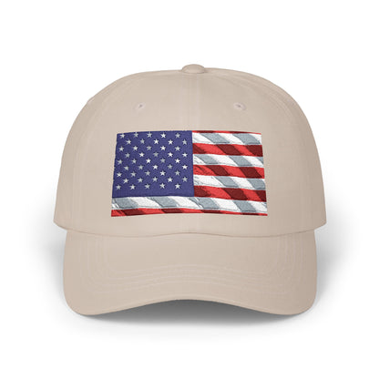 Khaki dad cap with distressed American flag patch embroidery on front