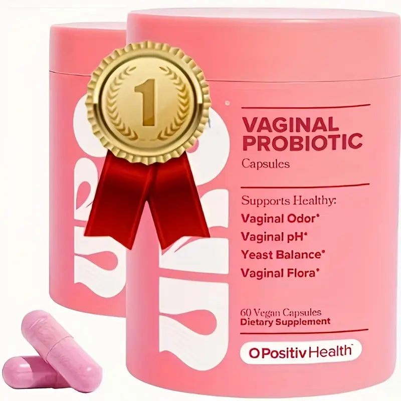 Vaginal probiotic capsule jar with gold badge and pink capsules, 60 count