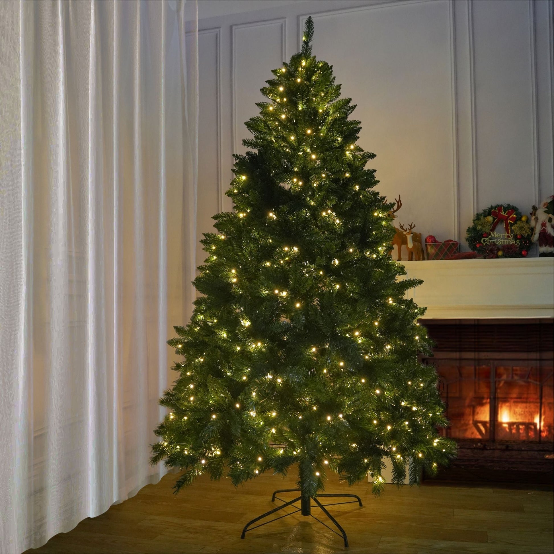 7FT Classic Style Christmas Tree with 550 Warm White LED Lights, Stable Iron Base - Renee Lane Company