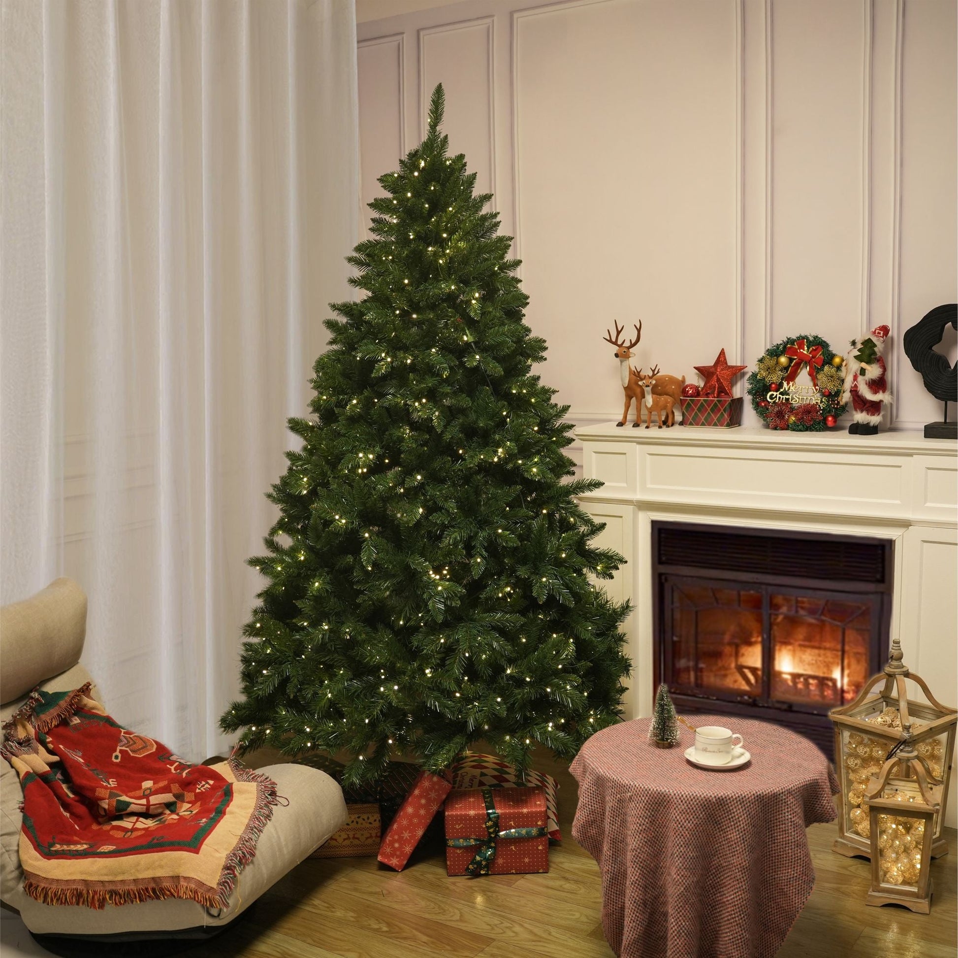 7FT Classic Style Christmas Tree with 550 Warm White LED Lights, Stable Iron Base - Renee Lane Company