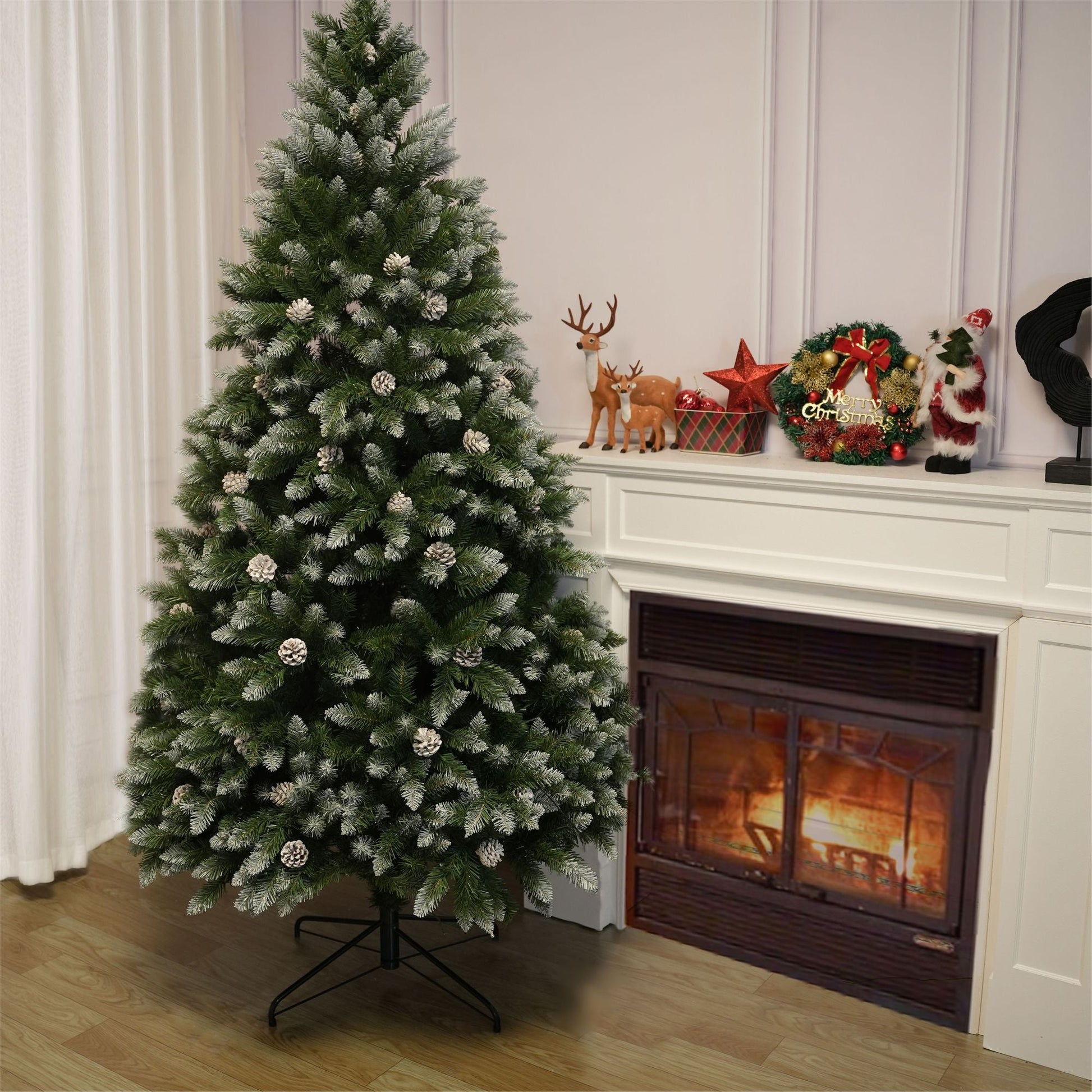 7FT PVC Christmas Tree, 1435 Snow-Covered Branches Tips with Pinecones, Environmentally Friendly Artificial - Renee Lane Company