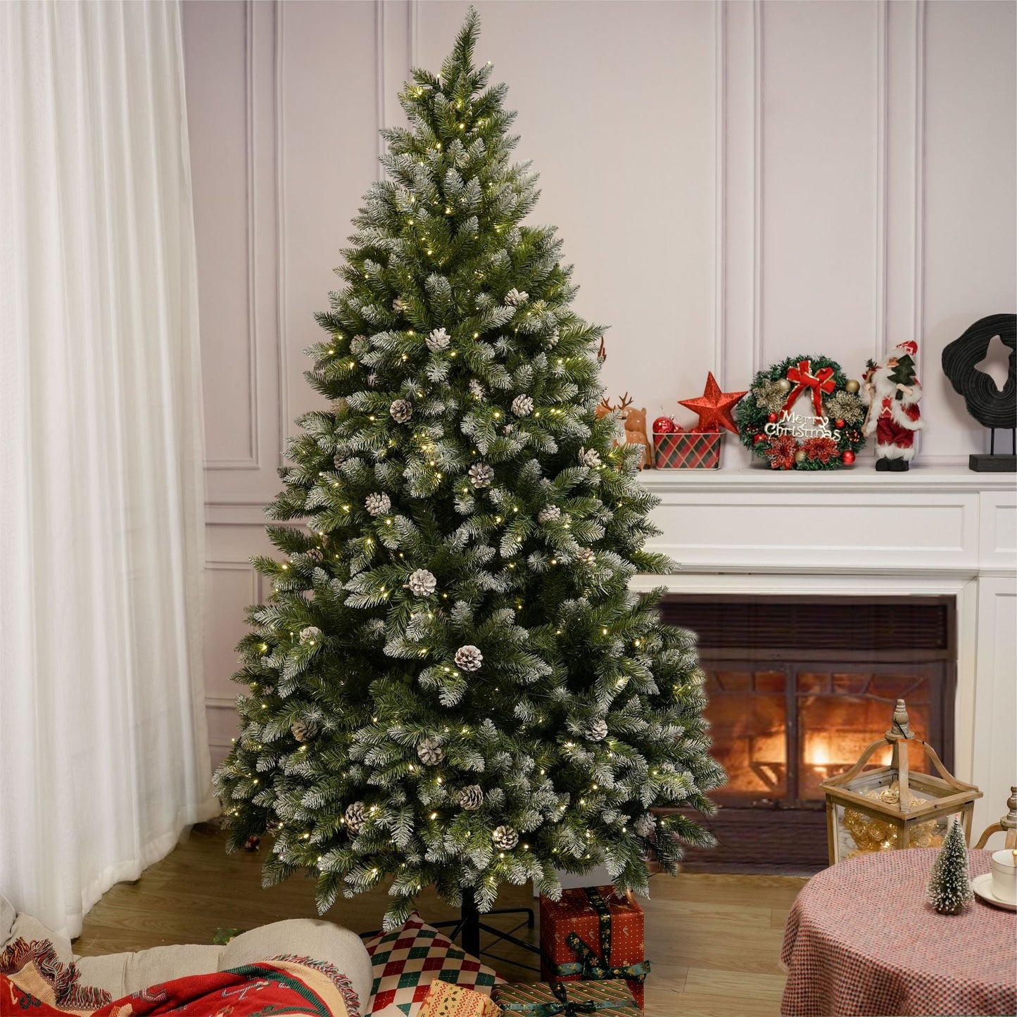7FT Snow-Frosted Christmas Tree with Pine Cones and 500 Warm White LED Lights - Renee Lane Company