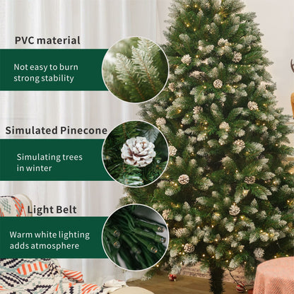 7FT Snow-Frosted Christmas Tree with Pine Cones and 500 Warm White LED Lights - Renee Lane Company