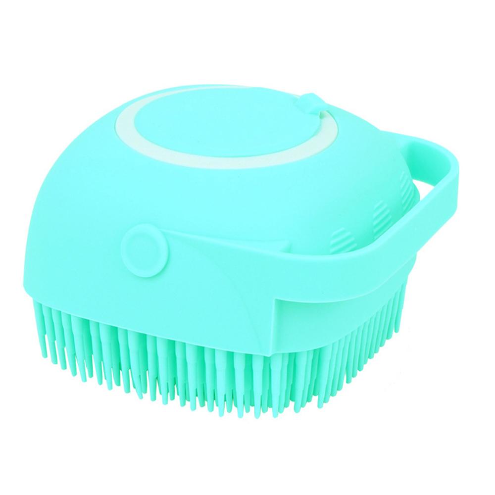 Light blue dog bath brush with soft bristles and circular top opening