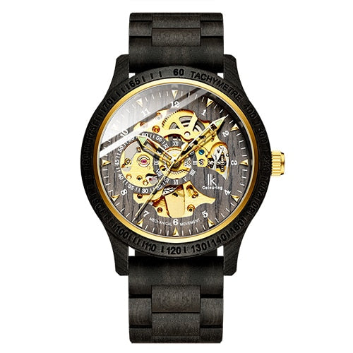 Men’s mechanical wooden watch with dark wood strap and gold skeleton face