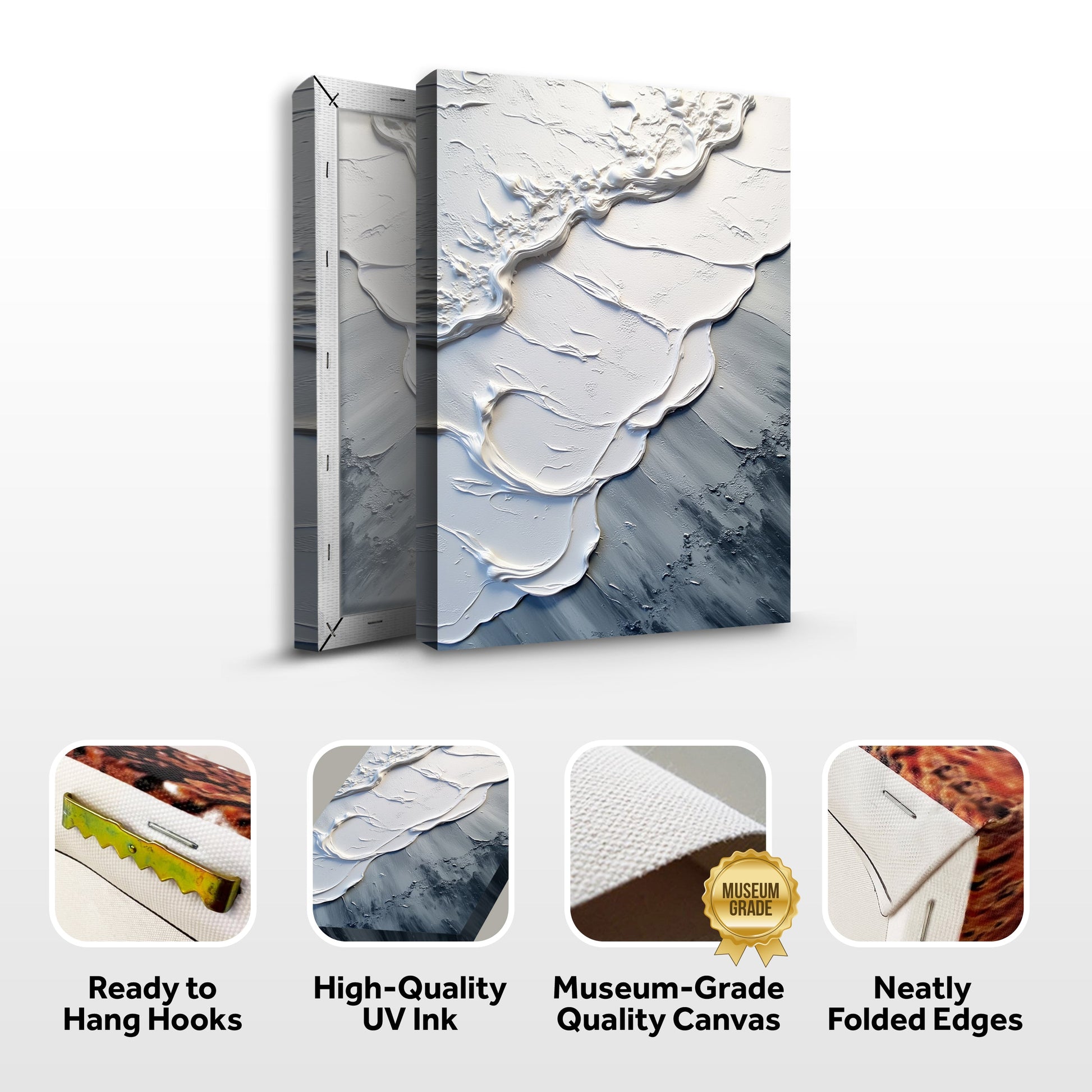 Abstract wave wall art canvas shown folded with side view and feature icons