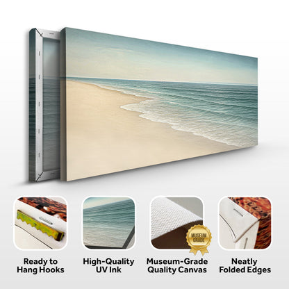 Stretched coastal beach wall art canvas with visible side depth and sandy shoreline