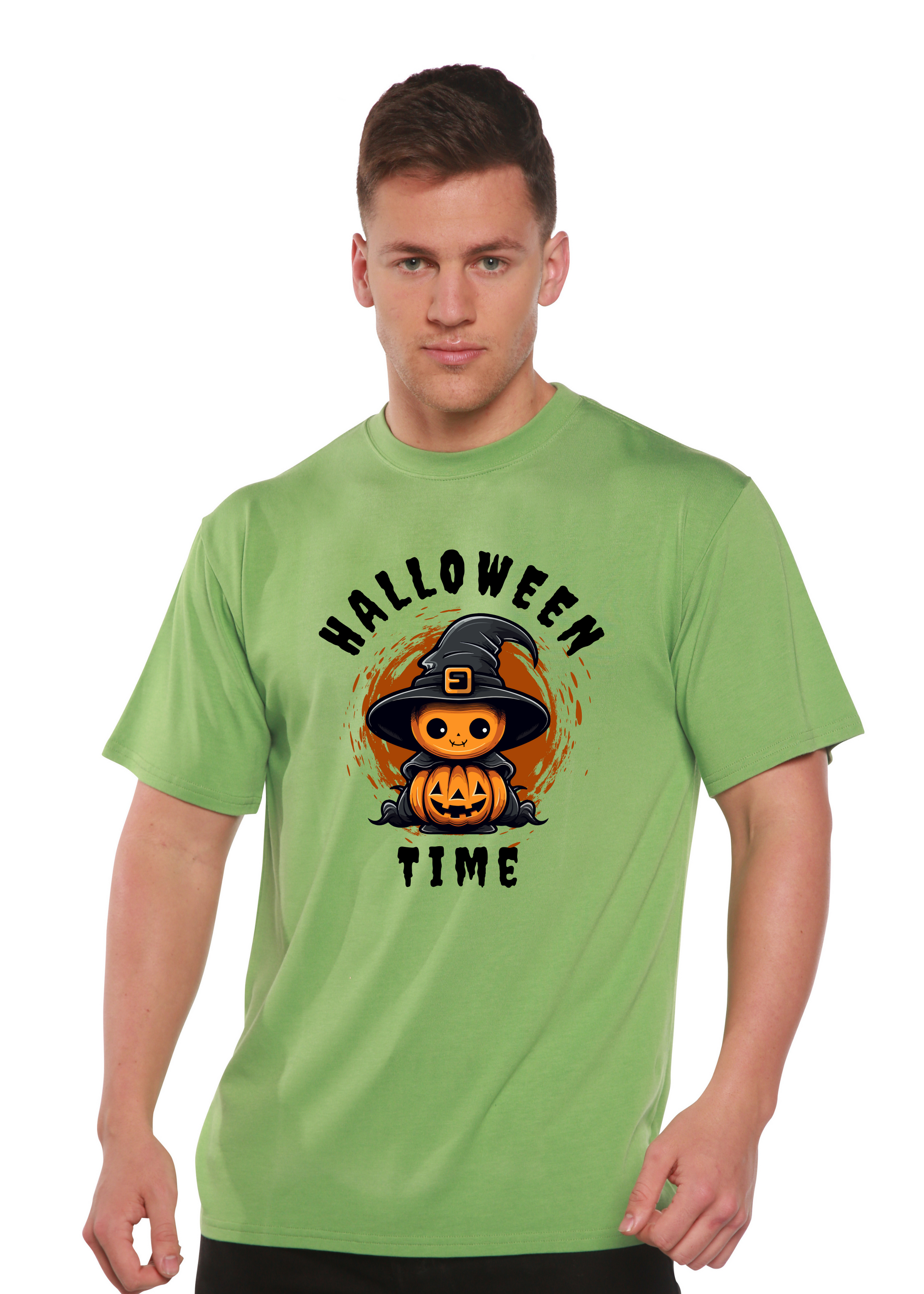 Unisex Halloween graphic T-shirt, crew neck; green short sleeve with witch-pumpkin front print