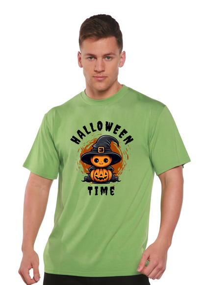 Unisex Halloween graphic T-shirt, crew neck; green short sleeve with witch-pumpkin front print