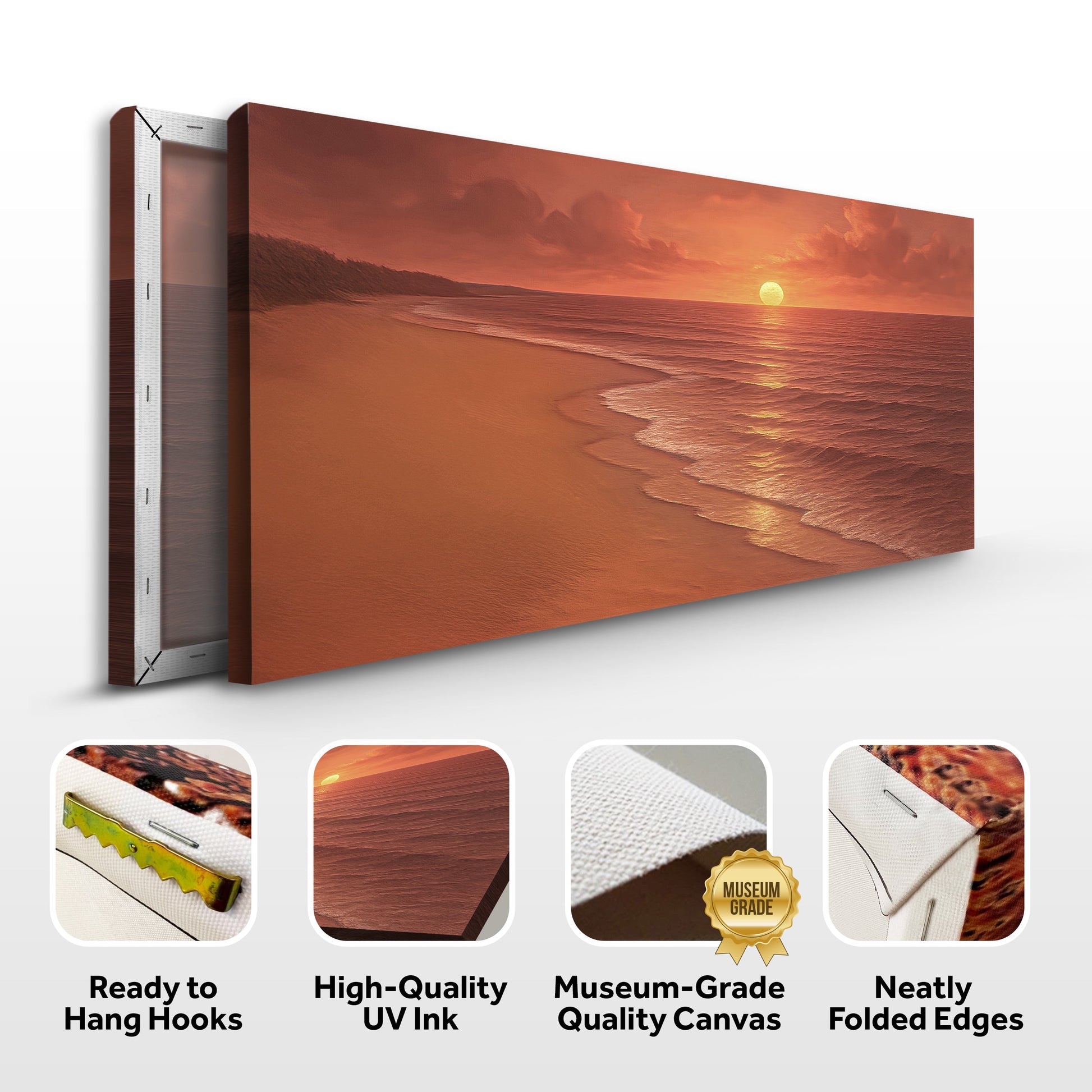 Framed beach shoreline wall art with sunset over the ocean and sandy beach in warm tones.