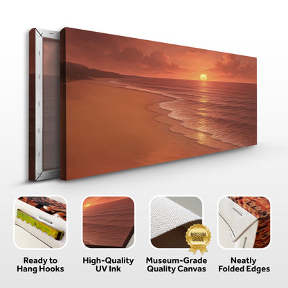 Framed beach shoreline wall art with sunset over the ocean and sandy beach in warm tones.