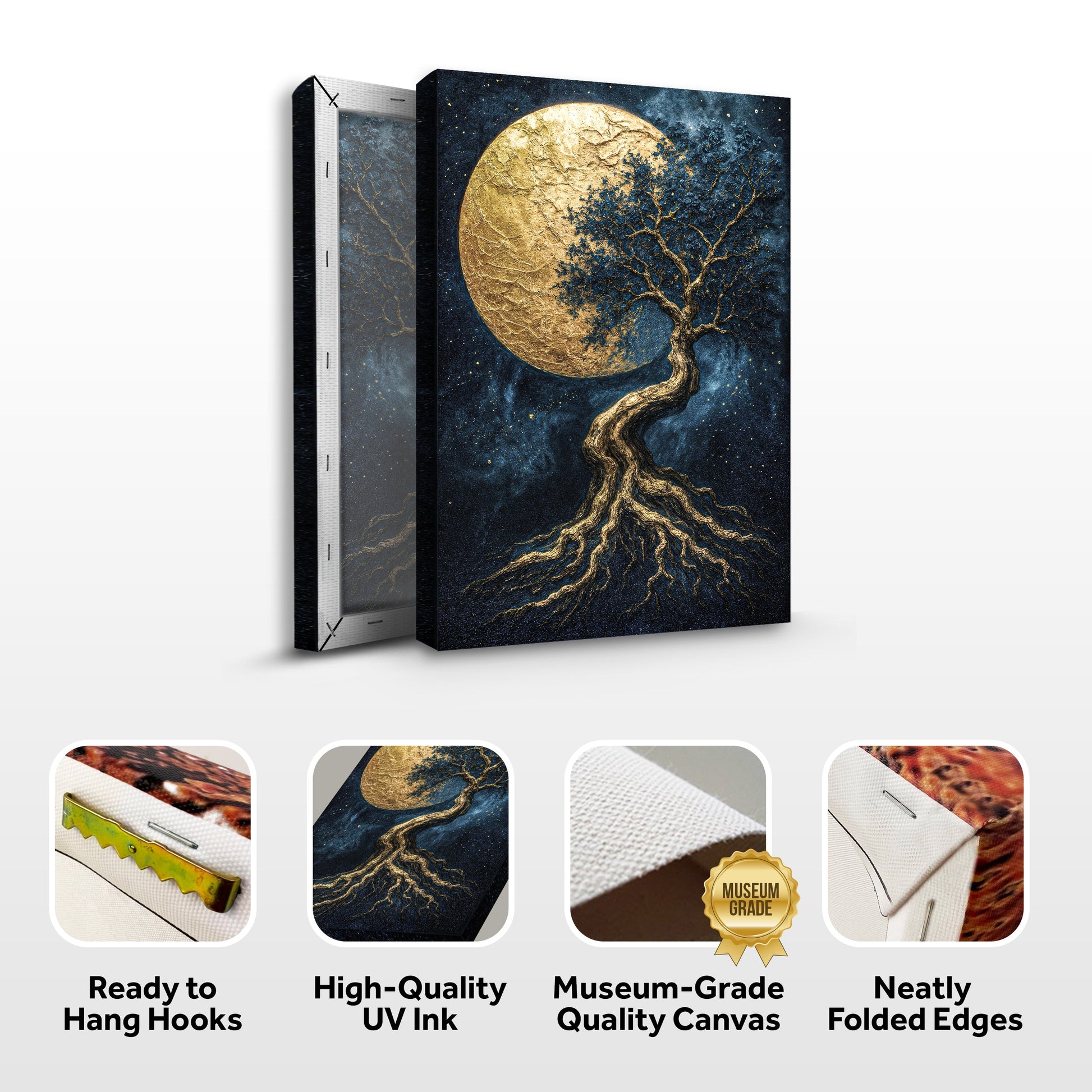 Tree of Life wall art with side view and icons for hanging hooks, UV ink, canvas quality